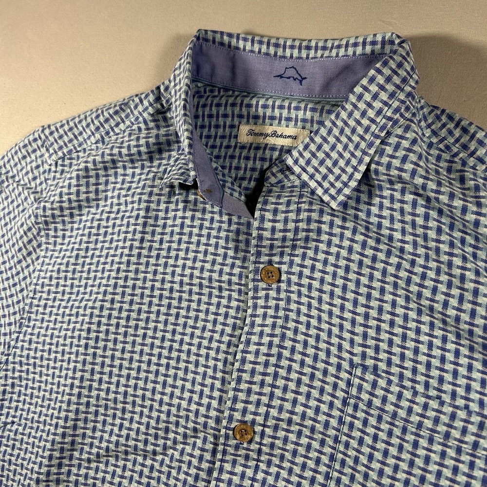Tommy Bahama Mens XL 100% Silk Blue Geometric Hawaiian Camp Shirt Beach